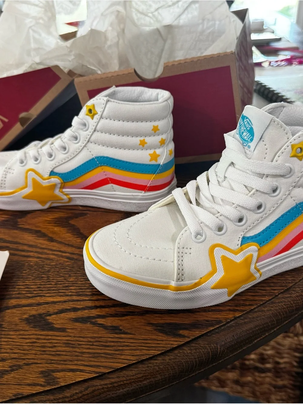 Kids' Vans - White sk8 Hi Sneakers with Rainbow Stripe and Yellow Star